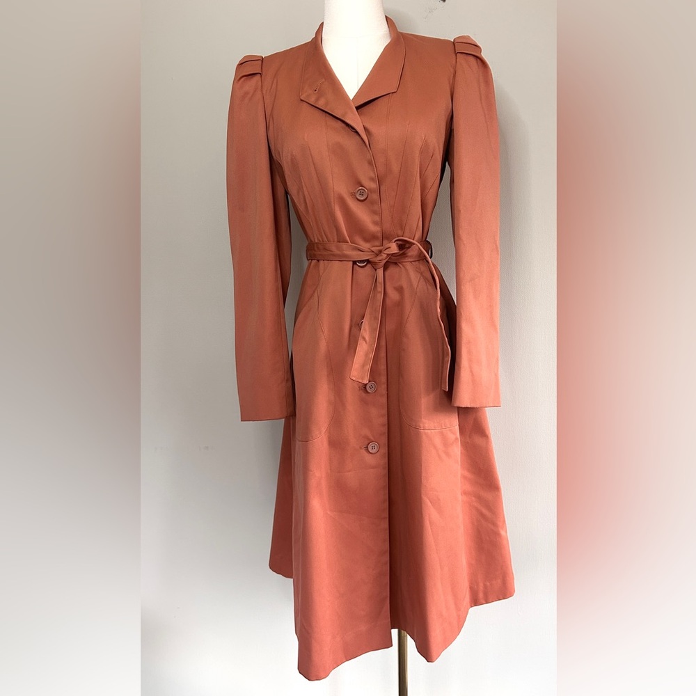 VINTAGE PBD INTERNATIONAL 90s Rust Belted Trench Coat Dress Parisian Retro Small - Picture 6 of 13